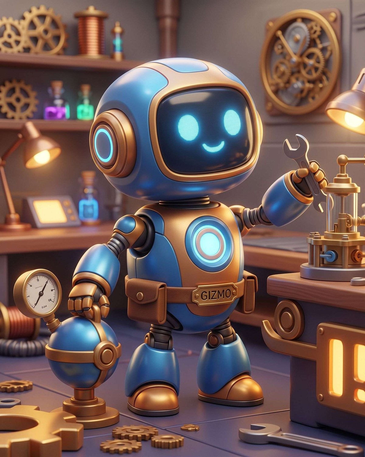 Gizmo, der kleine blau-goldene Roboter, mit Schraubenschlüssel in der Werkstatt