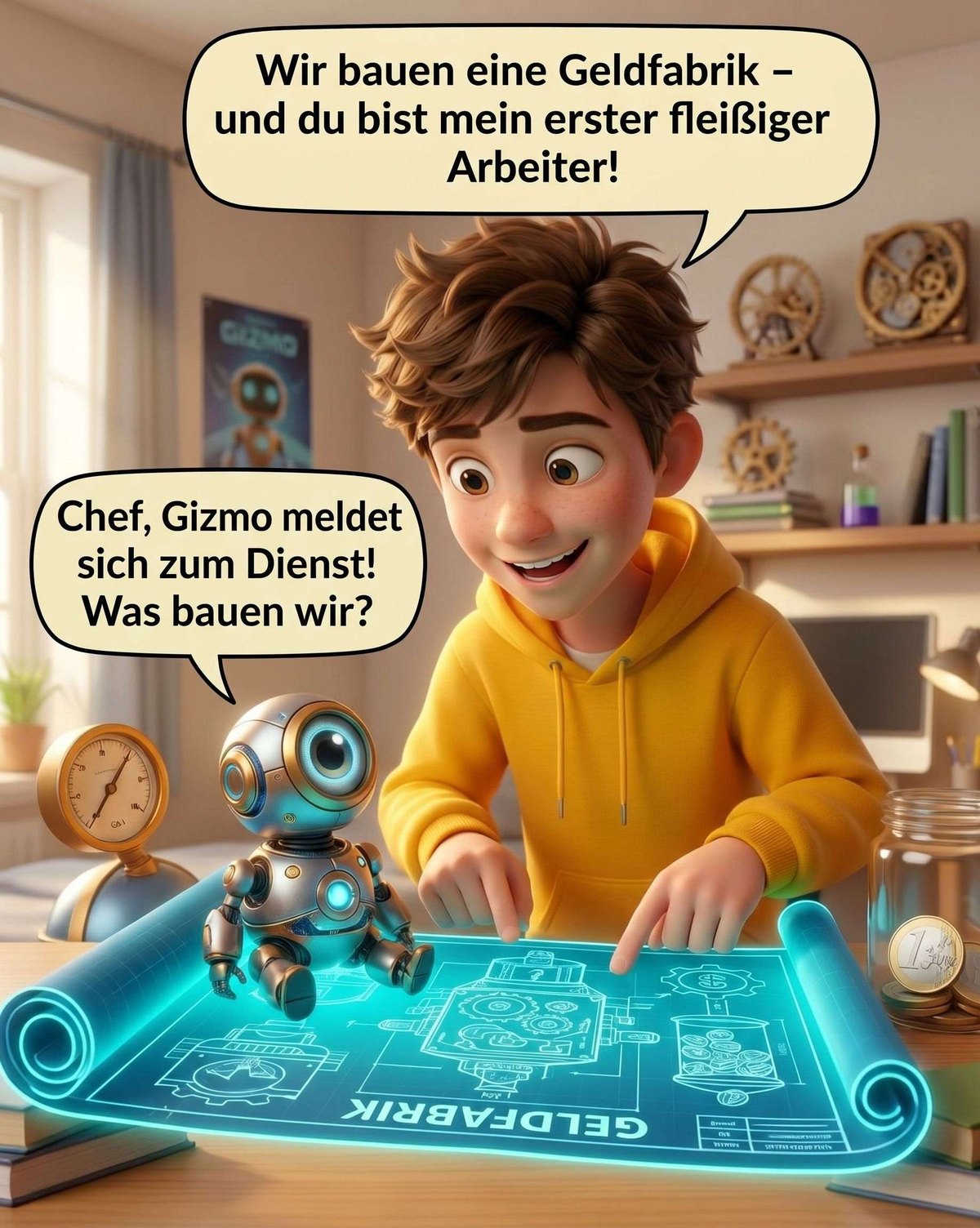 Leo und Gizmo betrachten den leuchtenden Bauplan der Geldfabrik