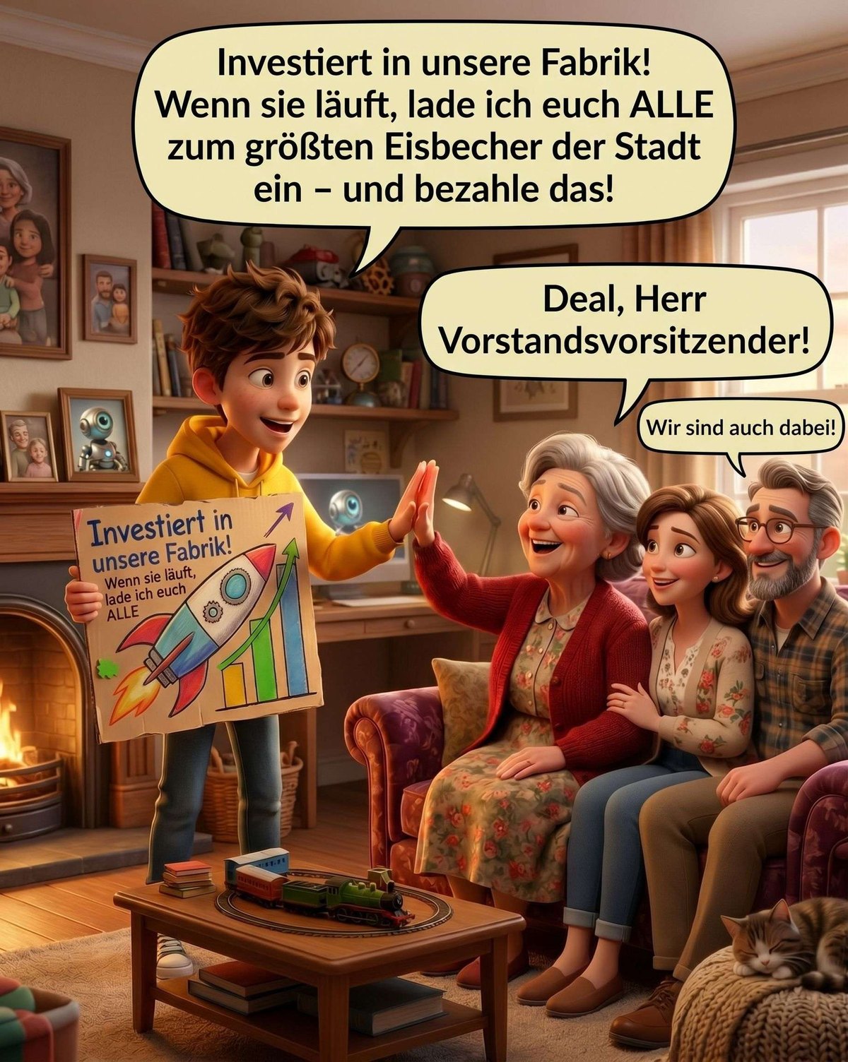 Leo präsentiert der Familie sein Raketen-Plakat, Oma schlägt ein