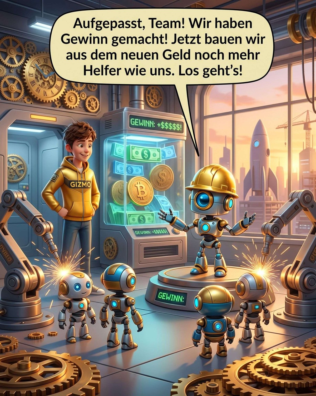 Gizmo mit Bauhelm in der Fabrik: „Wir haben Gewinn gemacht! Jetzt bauen wir noch mehr Helfer.“