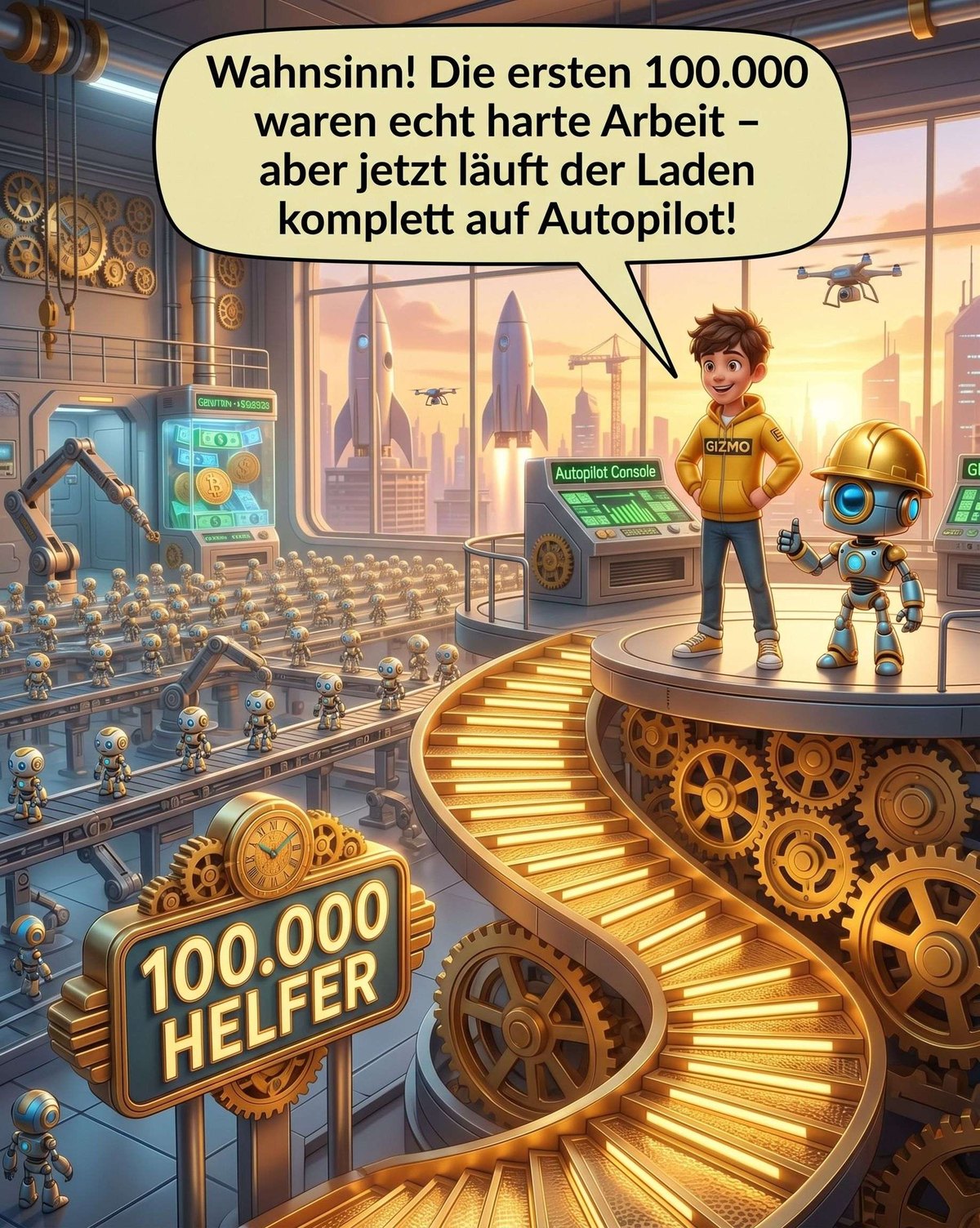 Leo und Gizmo auf der goldenen Treppe neben dem Schild „100.000 Helfer“
