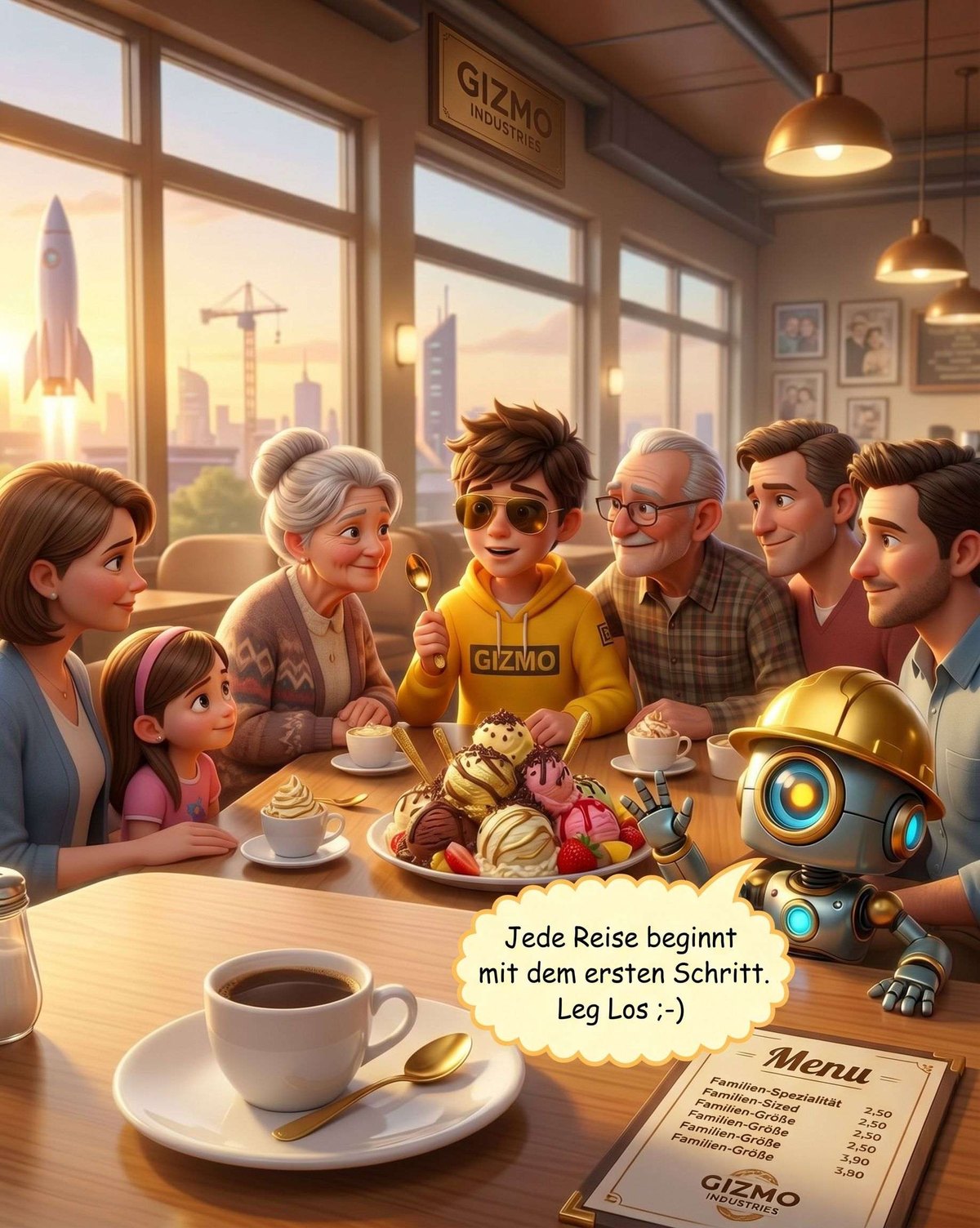 Leo, Gizmo und die Familie im Café vor dem Riesen-Eisbecher