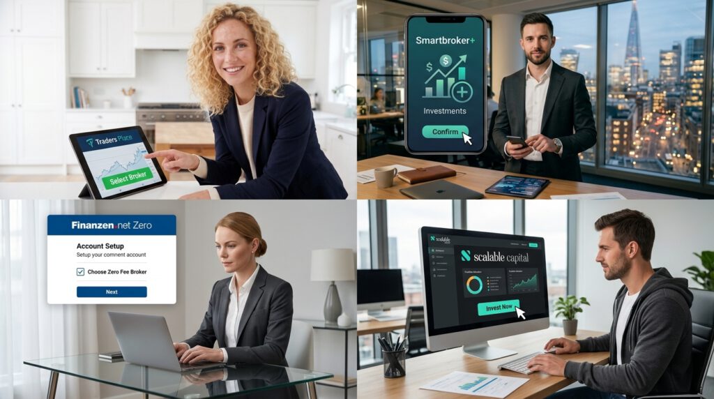Bild das Swantje, Mika, Marie-Luise und Daniel bei ihrer Entscheidung für Traders Place, Smartbroker+, Finanzen.net Zero und Scalable Capital zeigt.